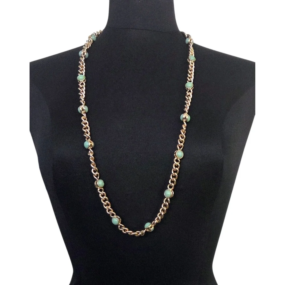 Banana Republic Sage Mint Green Beaded‎ Faux Jade Beads Necklace Gold Tone 35